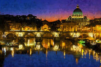 Nächtliche Brücke Sant Angelo und die Vatikan-Kathedrale. Gemalt. by havelmomente