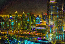 Cityscape of Dubai. Skyline in night. Painted. von havelmomente
