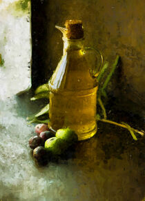 Olive oil in a bottle. fresh fruits aside. painted. by havelmomente