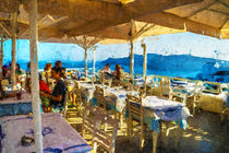 Restaurant on Santorini with visitors. View over Santorin caldera. Painted. by havelmomente