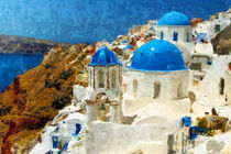 View of Santorini's town of Oia with the blue domes of the churches. Painted. by havelmomente