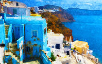View of Santorini with its white and blue houses. Painted. von havelmomente