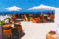 Restaurant Terrasse auf Santorin. Leute sitzen. Gemalt. von havelmomente
