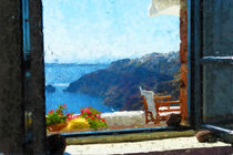 View through open Window at Island Santorini Greece. Painted. by havelmomente