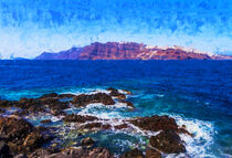 Santorini. View from the volcanic island of Nea Kameni to Santorini. Painted. von havelmomente