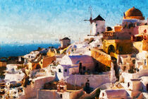 View of the island of Santorini in Greece. White houses. Impressionistic painting style. Painted. von havelmomente