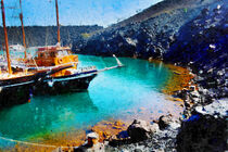 Schiffe ankern vor der Santorin Insel Nea Kameni. Vulkan gemalt. von havelmomente