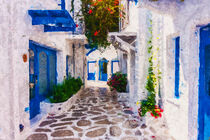 Straßenansicht von Santorin. Typische weiß blaue Häuser. Gemalt. by havelmomente