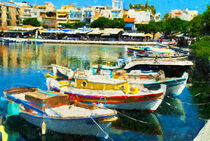 Insel Kreta. Stadtansicht von Agios Nikolaos. Boote im Vulkansee. Gemalt. von havelmomente