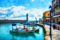 Insel Kreta. Stadtansicht von Chania. Boote im Hafen. Gemalt. von havelmomente