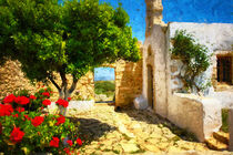 Kloster auf der Insel Kreta. Blumenbeet. Gemalt. von havelmomente