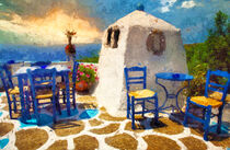 Griechisches Restaurant mit Meerblick auf Kreta. Gemalt. von havelmomente