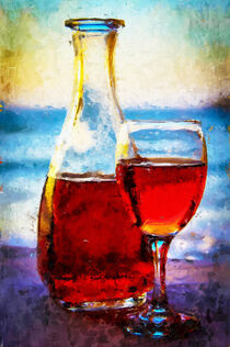 Griechischer Wein in Karaffe mit Meerblick. Insel Kreta. Gemalt. von havelmomente