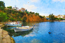 Kreta. Stadtansicht von Agios Nikolaos. Boote im Vulkansee. Gemalt. by havelmomente