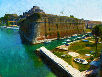 Venezianische Festung in Korfu Stadt mit Booten. Gemalt. von havelmomente