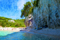 Paradise beach auf Insel Korfu. Boot an der Klippe. Gemalt. by havelmomente