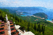 Blick vom Bergdorf Lakones über die Bucht von Paleokastritsa und Liapades auf Korfu. Griechenland. by havelmomente