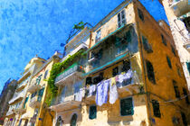 Frische Wäsche auf dem Balkon. Haus in Korfu Stadt. Gemalt. by havelmomente
