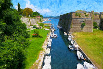 Alte Festung mit Bootskanal in Korfu Stadt Griechenland. Gemalt. by havelmomente