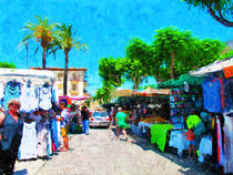 Marktszene in Sineu auf Mallorca. Marktstände in der Stadt. Gemalt. by havelmomente