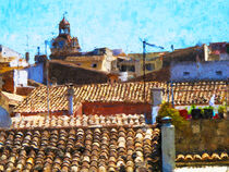 Blick über die Dächer von Alcudia Stadt auf Mallorca. Gemalt. by havelmomente