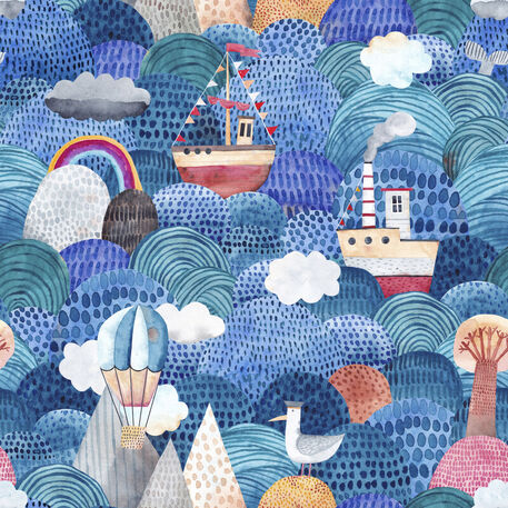 Cute-watercolor-background-with-ships-reefs-balloon-clouds-childish-seamless-pattern