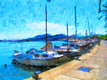 Port d'Alcudia auf Mallorca. Boote im Hafen. Gemalt. von havelmomente