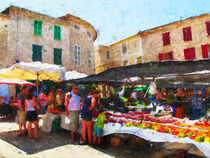 Marktstände auf dem Wochenmarkt in Sineu auf Mallorca. Gemalt. by havelmomente