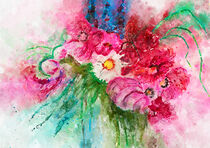 Üppiger Blumenstrauß aus Sommerblumen wie Anemonen und Rittersporn. Aquarellmalerei. von havelmomente