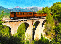 Tren de Sóller Zug auf Mallorca fährt über Eisenbahnbrücke. Gemälde. von havelmomente