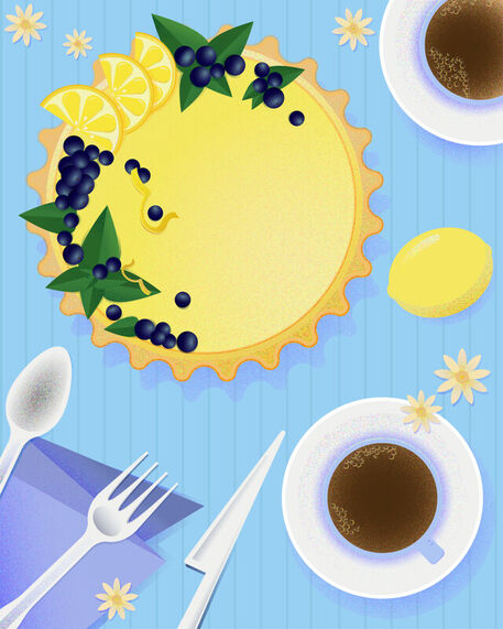 Illustration-with-lemon-cake-and-two-cups-of-coffee