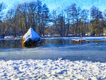 Heugabe im Winter auf einer überschwemmten Wiese im Spreewald. Gemalt. by havelmomente
