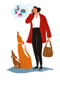 Frau mit Hunden und Gedankenblase