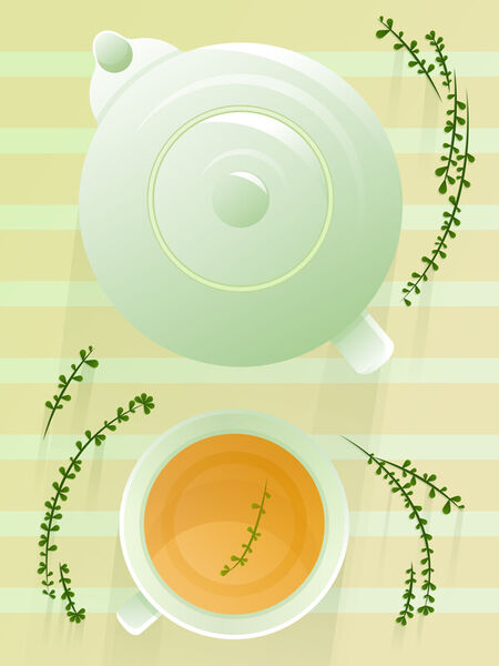 Table-served-with-teapot-and-cup-of-thyme-tea-with-thyme-twigs-top-view-vector-illustration