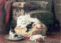 Cat with her Kittens on a Cushion  by Henriette Ronner-Knip