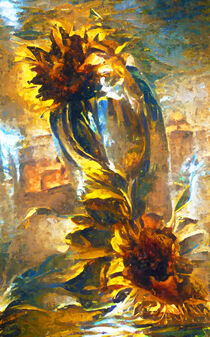 Abstraktes Stillleben Sonnenblumen mit Glasspiegelung. Gemalt. von havelmomente