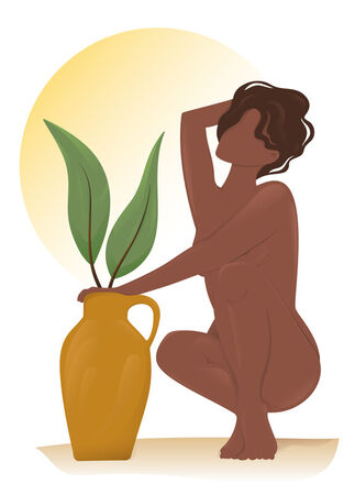 Nude-beautiful-woman-with-exotic-tropical-houseplant-in-antique-vase