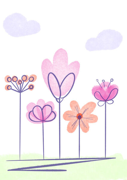 Abstract-hand-drawned-cute-flowers-on-lawn