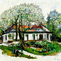 Frühling im Garten. Haus mit Kirschbaum. Impressionistisch gemalt. by havelmomente
