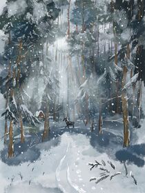 Winter dark forest with a deer by Varvara Kurakina