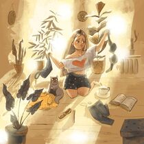 Morning routine. Girl and cat lingerie illustration by Varvara Kurakina