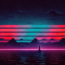 Futuristic synthwave neon background with ocean by robian