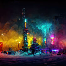 Colorful futuristic city at night as an illustration by robian