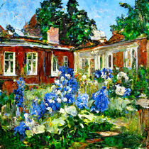 Impressionistischer Garten mit Blumenbeeten. Rittersporn vor dem Haus. Gemalt. von havelmomente