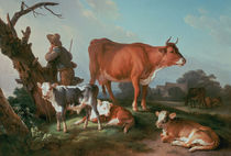 Pastoral scene with a cowherd  by Jean-Baptiste Huet