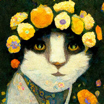 Porträt einer Katze mit gelben und goldenen Blüten. Gemalt. by havelmomente