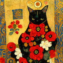 Porträt einer Katze mit Mohnblumen und Gold. Gemalt. von havelmomente