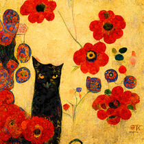 Porträt einer schwarzen Katzen auf goldenem Hintergrund mit rotem Mohn. Jugendstil gemalt. by havelmomente