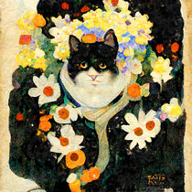 Grimmige Katze mit Schal und Blüten ringsrum. Jugendstil. Gemalt. von havelmomente