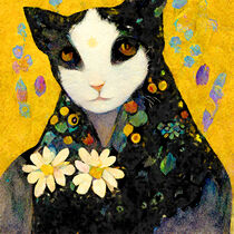 Porträt einer Katze mit Halstuch und Blumen. Goldener Hintergrund. Gemalt Jugendstil. von havelmomente